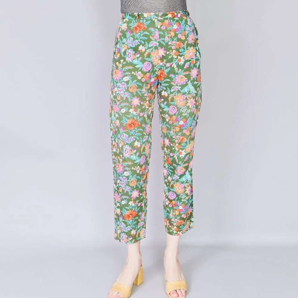 VINTAGE Vico Dritto Portofino High Waist Green Floral Pants 50s Retro S - Picture 1 of 7